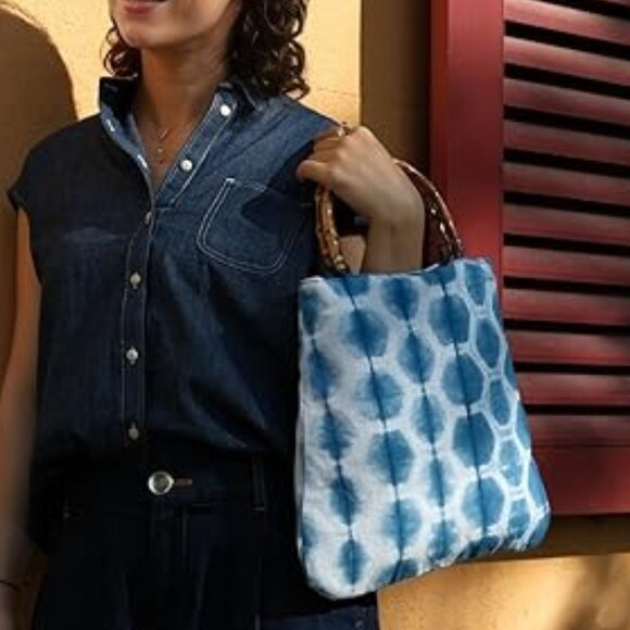 Neiman Marcus Tortoise Shell Handmade Indigo Tie-Dyed Handbag - Picture 1 of 5